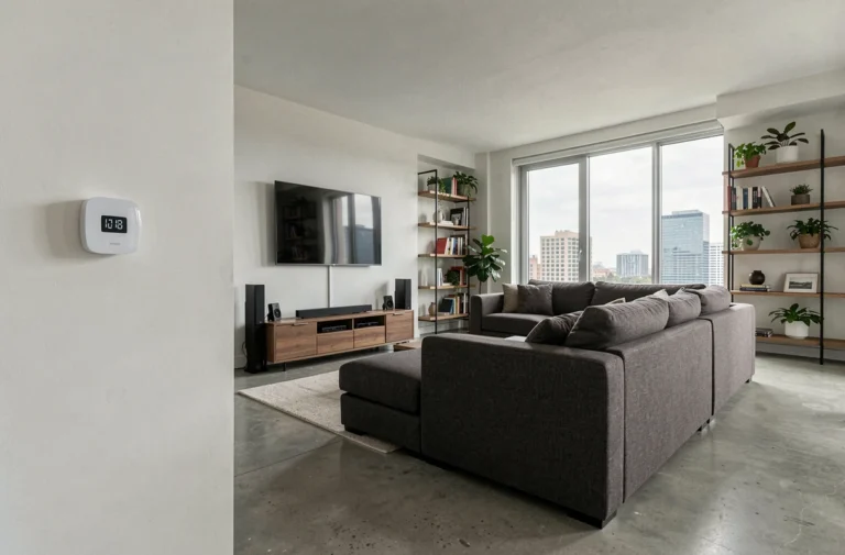 Salon moderne équipé avec thermostat connecté, télévision murale et système audio intégré pour une maison confortable en 2024