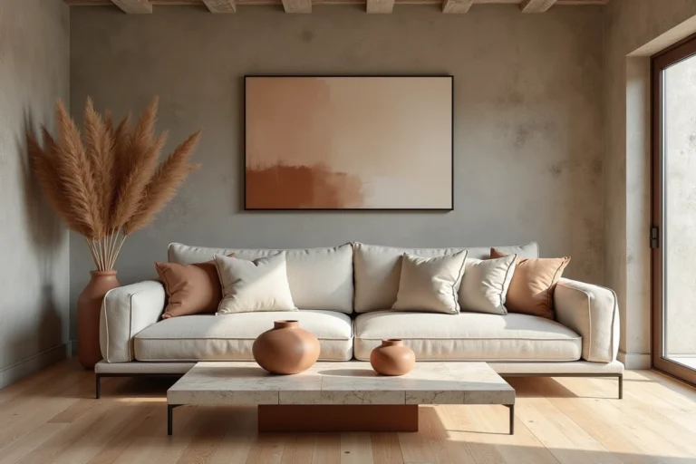 Salon moderne avec canapé en lin, table basse en travertin et vases en céramique terracotta, tendances déco contemporaines