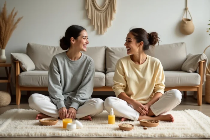 Deux amies partageant une séance de soins de la peau à la maison avec des masques et des produits naturels