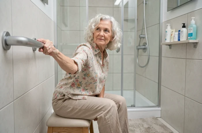 Senior femme utilisant une barre d'appui adaptée dans une salle de bain sécurisée et moderne