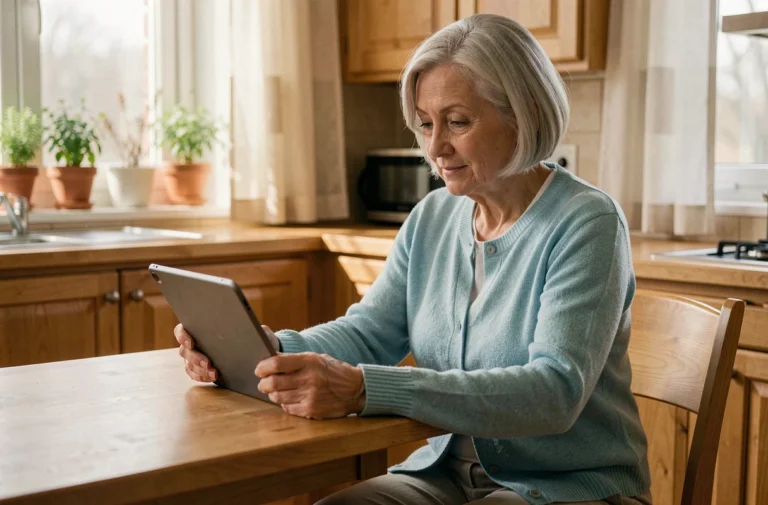 Senior femme utilisant une tablette numérique à grandes touches dans une cuisine moderne et chaleureuse