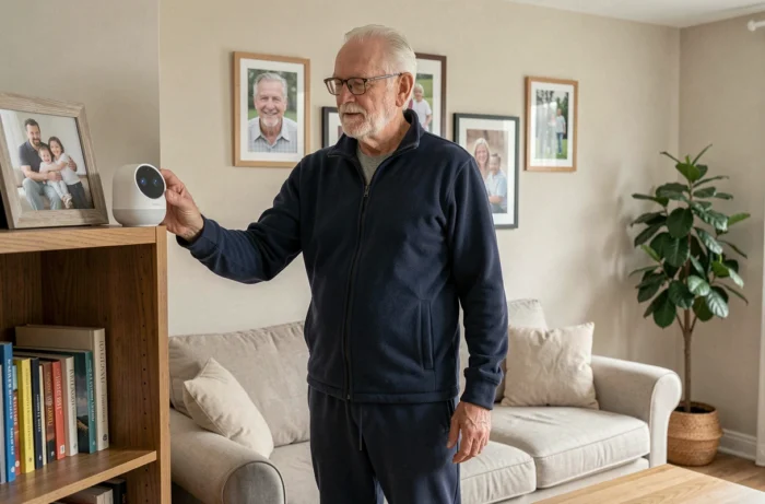 Senior homme configurant un assistant vocal connecté dans un salon confortable et moderne