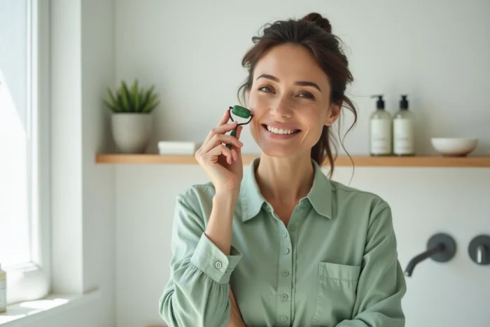 Femme utilisant un rouleau en jade sur son visage dans une salle de bain minimaliste bien organisée