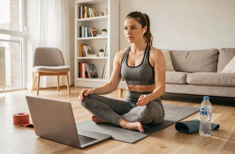 Femme pratiquant une séance de sport en ligne à domicile sur un tapis de yoga avec un ordinateur portable