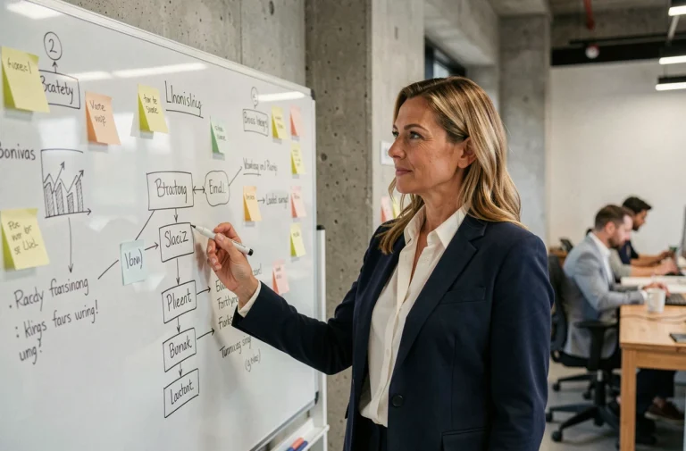 Femme cheffe d'entreprise présentant une stratégie business sur un tableau blanc dans un bureau moderne