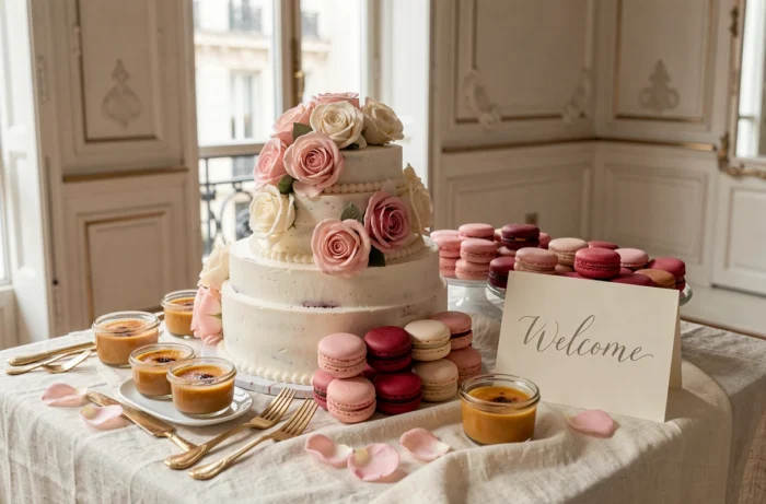 Table de desserts raffinée avec pièce montée et macarons pour un événement privé parisien