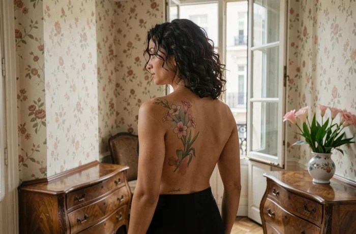 Femme de dos avec un tatouage freesia dans le dos dans un appartement parisien vintage aux tons chauds