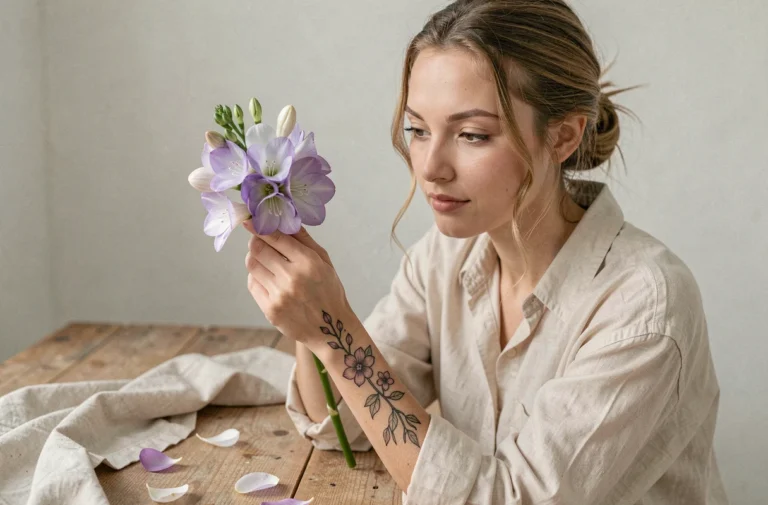 Jeune femme tenant une tige de freesia violet près d'un tatouage freesia sur son poignet, studio minimaliste