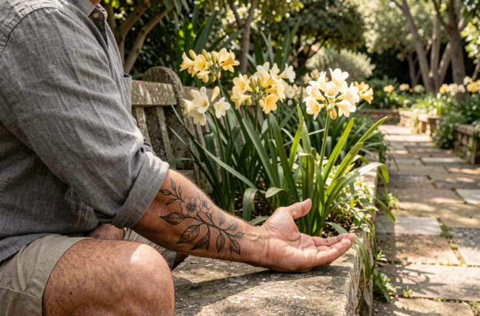 Homme avec un tatouage botanique freesia sur l'avant-bras dans un jardin fleuri avec des freesias naturels