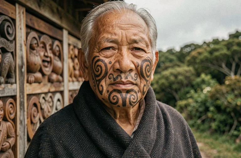 Portrait d'un ancien māori portant un tā moko traditionnel aux motifs spiralés sacrés devant une maison de réunion sculptée en Nouvelle-Zélande