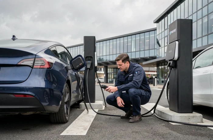Technicien inspectant une borne de recharge rapide pour véhicules électriques dans une station de recharge urbaine moderne