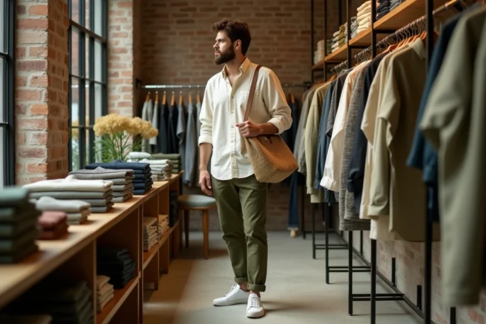 Homme en chemise en lin ecru dans un concept store vintage, tendances mode masculine printemps-été