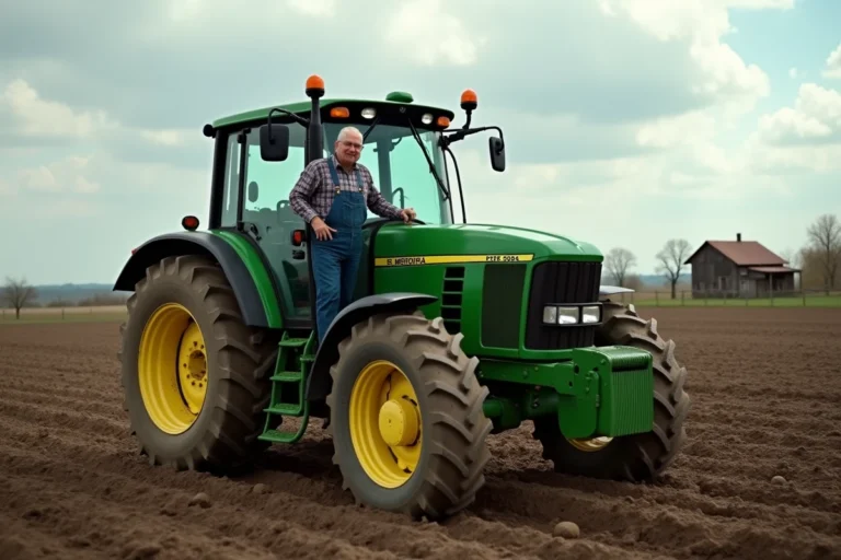 Agriculteur descendant d'un tracteur agricole neuf vert et jaune dans un champ labouré