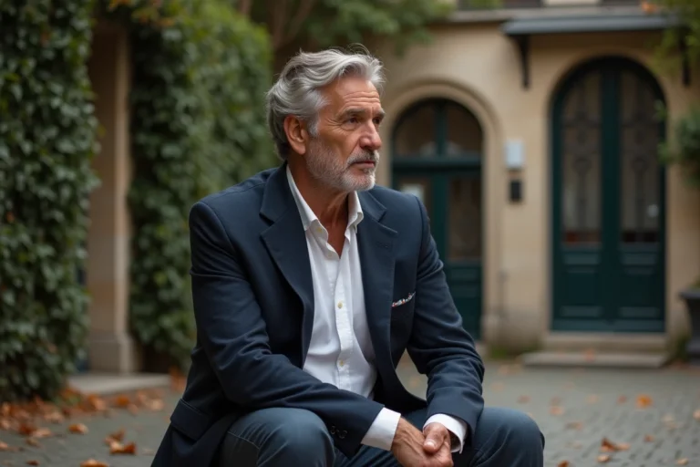 Portrait d'un homme élégant dans la cinquantaine assis dans une cour parisienne intimiste, illustrant la vie privée et le charisme discret d'une personnalité publique