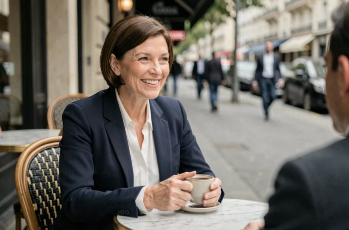 Femme journaliste souriante attablée en terrasse de café parisien avec une présence complice en arrière-plan