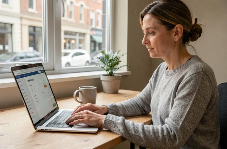 Femme effectuant un virement bancaire en ligne depuis son bureau à domicile sur un ordinateur portable