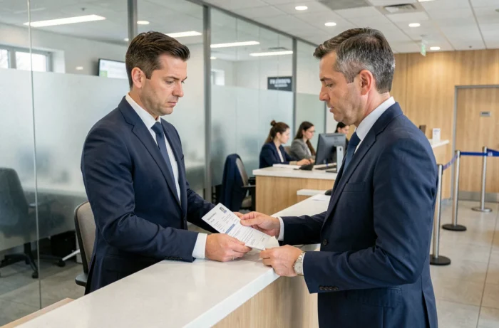 Client en agence bancaire consultant un document de virement émis avec un conseiller Logitel