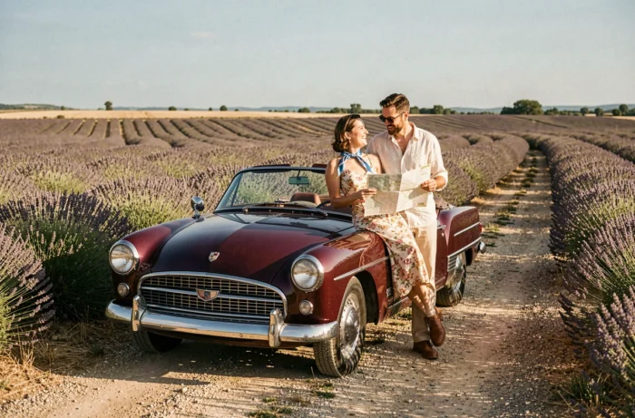 Couple en tenue vintage appuyé contre une voiture de collection décapotable bordeaux sur une route provençale bordée de lavande