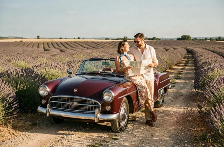Couple en tenue vintage appuyé contre une voiture de collection décapotable bordeaux sur une route provençale bordée de lavande