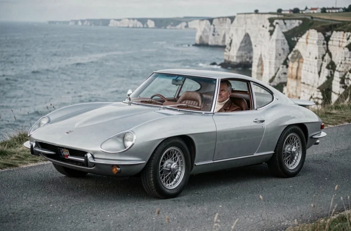 Homme en veste en cuir au volant d'une voiture de sport classique argentée sur une route côtière normande avec falaises en arrière-plan