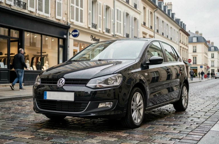 Volkswagen Polo 6R noire métallisée garée dans une rue pavée française, vue 3/4 avant en contre-plongée